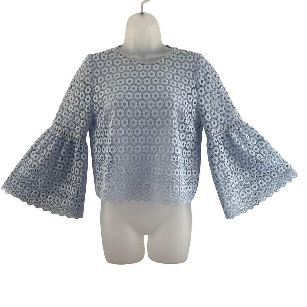 J.Crew Blouse Womens 2 Sky Blue Floral Bell Sleeve Scallop Hem Eyelet Top Lace